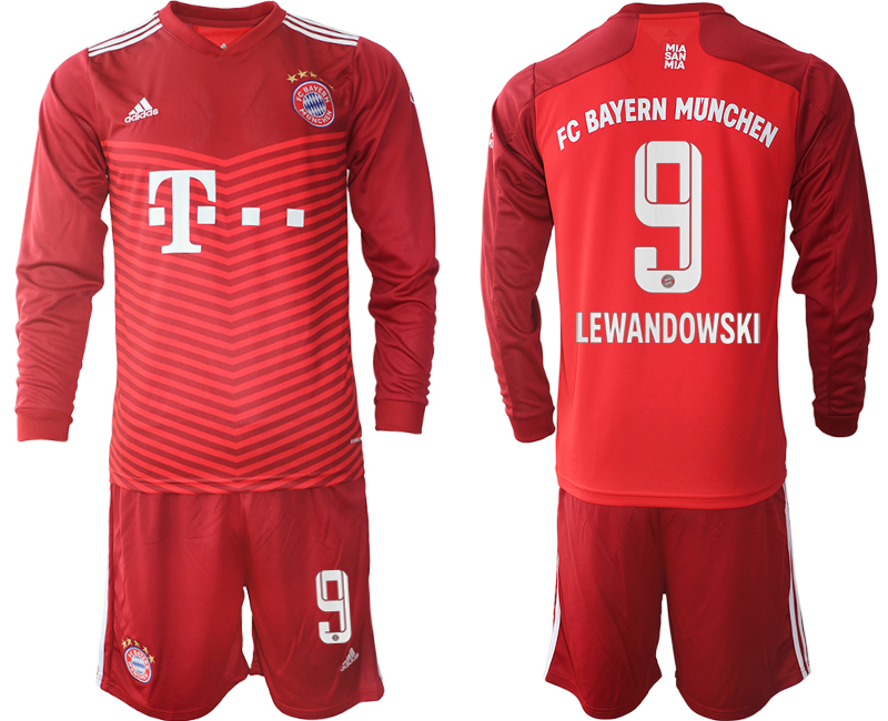 Men 2021-2022 Club Bayern Munich home red Long Sleeve #9 Soccer Jersey